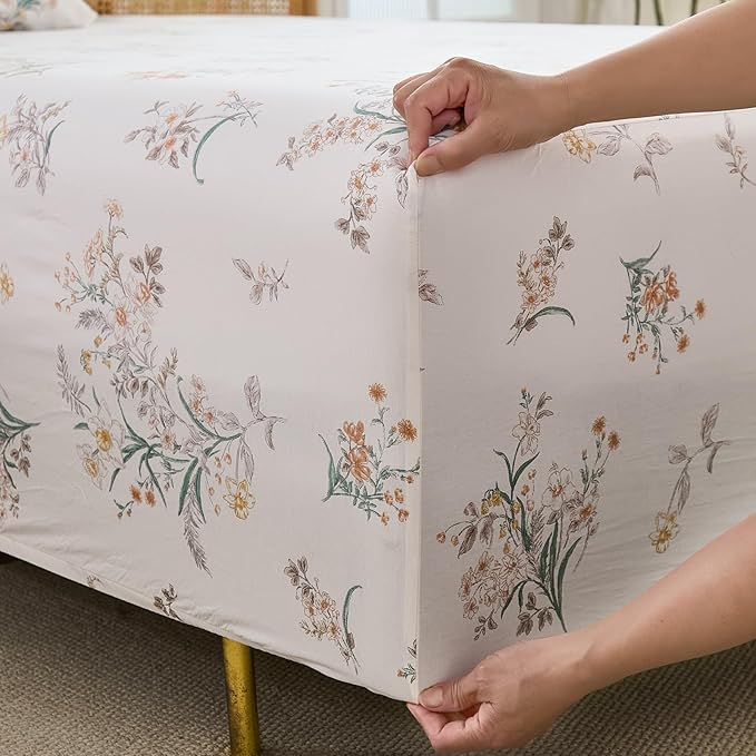 100% Cotton Sheet Set King Size – 4-Piece Shabby Chic Floral Bedding Set, Soft Breathable Percale Weave, Deep Pocket Fitted Sheet 17.5", Crisp Cool Feel, Refined Botanical Elegance