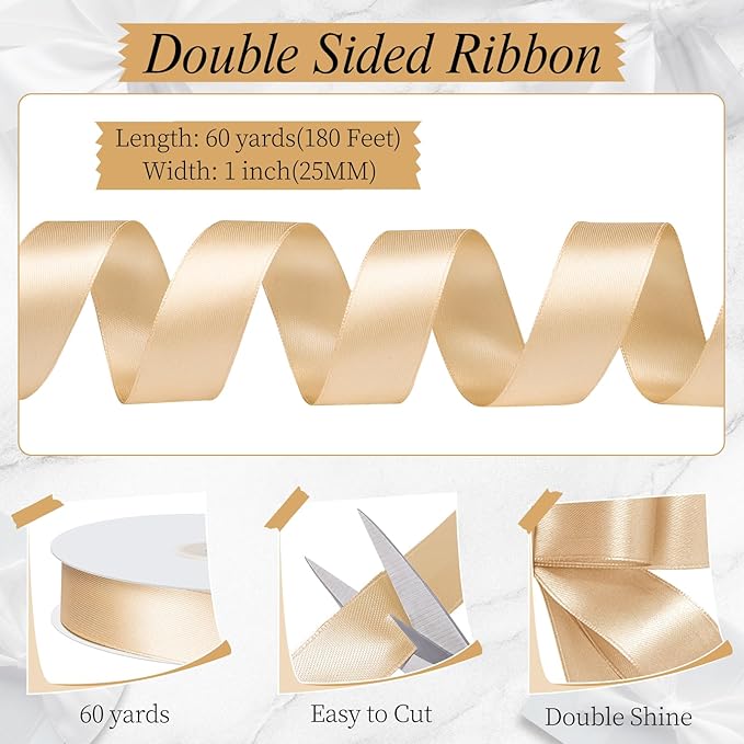 Champagne Ribbon 60 Yards 1 inch Double Faced Gold Satin Ribbon Christmas Ribbons for Gift Wrapping Bows Crafts Wedding Party Invitation Christmas Decorations