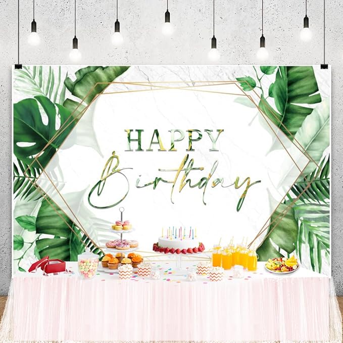 ChloropLastid 15x8ft Tropical Happy Birthday Backdrop Summer Green Palm Leaf Photography Background Hawaiian Birthday Party Banner Decorations for Men Women Portrait Photoshoot Props Supplies