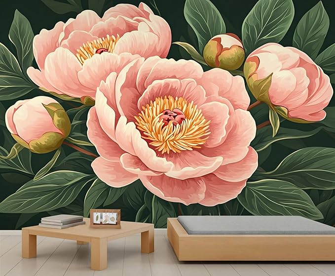 KIREUPA Peony Flower Wall Mural, Retro Pink Peony Flower 3d Wall Murals, Romantic Garden Theme Wallpaper Mural, for Living Room Bedroom Large Wallpaper Indoor Decor 177.16" W x120 H