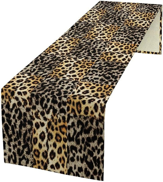 Animal Skin Print Table Runner, Vintage Leopard Farmhouse Cottage Country Western Wildlife Safari Dinner Runner for Home Kitchen Dining Table Party Holiday 13x36in