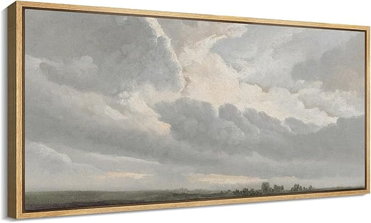 SIGNFORD Extra Large Framed Canvas Print Wall Art Expansive Cloudy Sky Over Landscape Soft Neutral Horizon Scene Illustrations Modern Art Relax/Calm Warm for Living Room, Bedroom, Office - 60"x30"