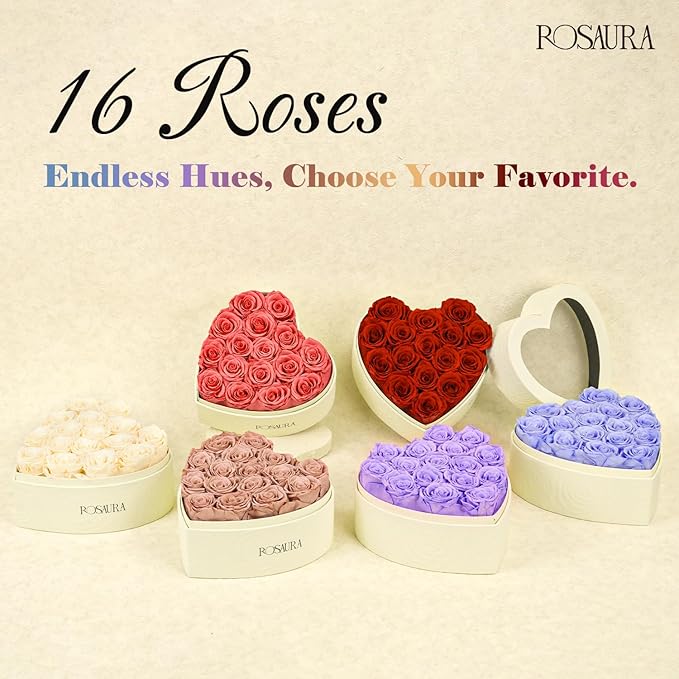 Rosaura Heart-Shaped Preserved Roses Gift Box - Real Forever Flowers for Birthday, Valentine's & Mother's Day (pink, 16 roses)