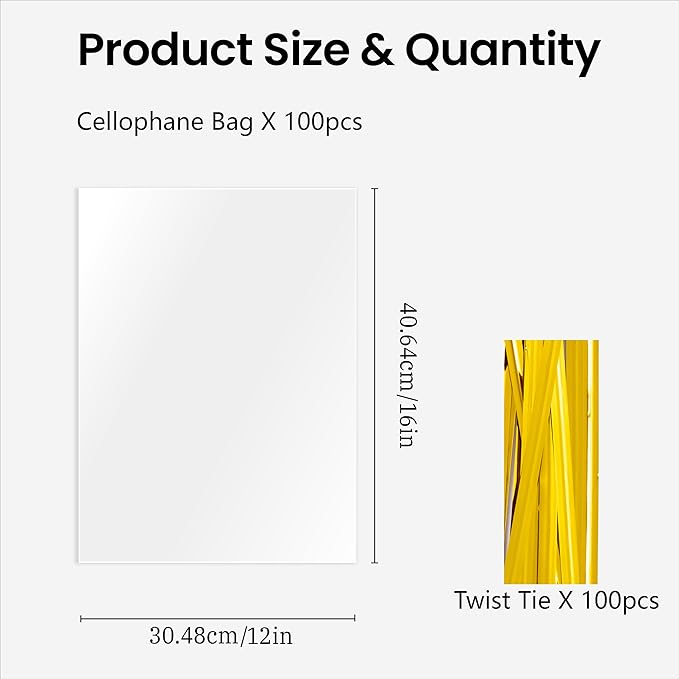 joybest 100 Pcs Clear Cellophane Gift Bags, 12x16 inches Plastic Treat Bags Cellophane Packaging for Party Favors, Wedding Gift Wrapping, Baby Showers with 100 Pcs Twist Ties