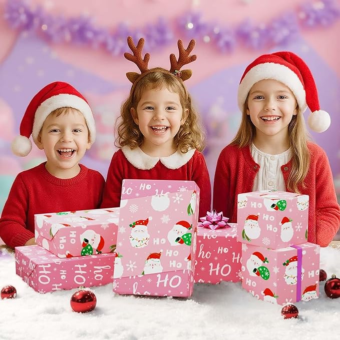 WERNNSAI Santa Christmas Wrapping Paper - 1 Roll 17”x 33 Ft Pink Santa Claus Wrapping Paper Reversible Christmas Gift Wrap for Kids Girls Xmas Winter Holiday Present Decoration with HOHO Design