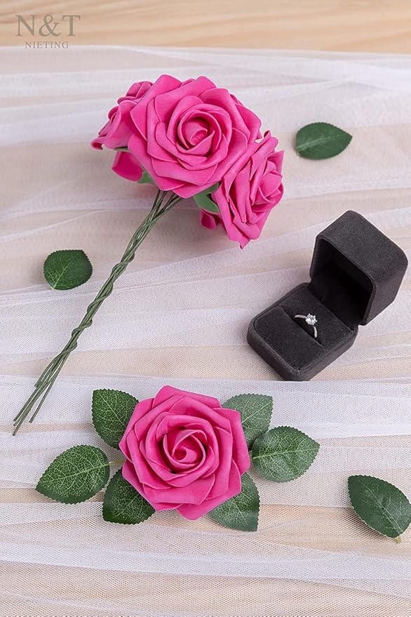 N&T NIETING Artificial Flowers, Foam Roses Perfect for DIY Wedding Bridal Bouquets Centerpieces Bridal Shower Party Home Flower Arrangement Decor 25Pcs, Hot Pink