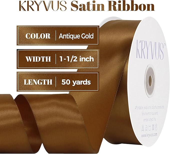 Antique Gold Satin Ribbon, Double Faced 1-1/2 Inch X 50 Yards Antique Gold Ribbon, Premium Satin Ribbon for Gift Wrapping, Crafts, Hair Bow Making, Sewing, Flower Bouquet, Wedding Party Decor