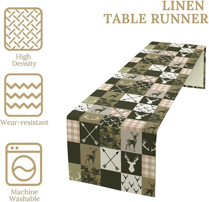 Farmhouse Table Runner, Rustic Deer Camouflage Buffalo Plaid Wild Animal Seasonal Coffee Table Center Decor for Home Kitchen Dining Patio Holiday Party Table Decorations 13x90 inches