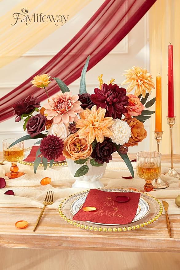 Artificial Flowers, Fall Orange and Red Silk Flowers for DIY Wedding Bridal Bouquets, Fall Fake Cake Flowers for Table Centerpieces Party Home Decorations