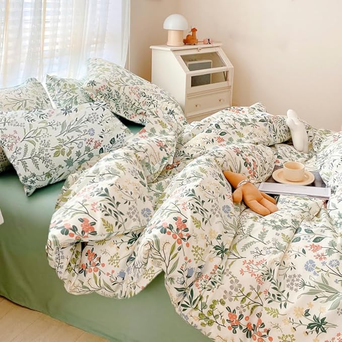 VM VOUGEMARKET Twin XL Comforter Set 3 Pieces Green White Flower Botanical Comforter with 2 Pillowcases Microfiber Cottagecore Bedding Set Twin