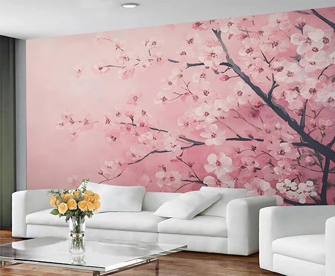 Pink Cherry Blossom Wall Mural, Romantic Cherry Blossom 3D Wall Murals, Japanese Flower Wallpaper Mural, for Living Room Bedroom Large Wallpaper Indoor Decor 59" W x39.4 H