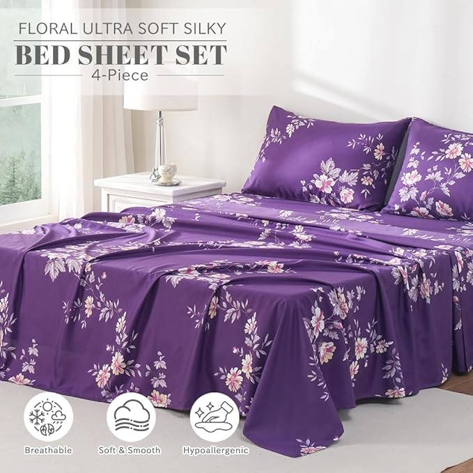 Bedlifes Twin Sheet Set Ultra Soft, Breathable, Silky Flower Deep Pocket 100% Microfiber Bedding, 3 Piece Twin Size Dark Purple Floral