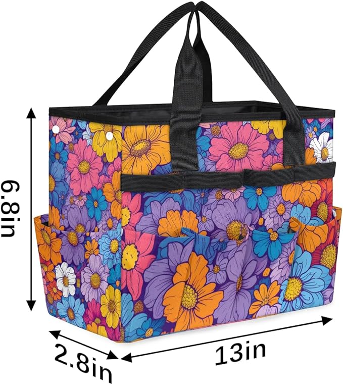 Garden Tool Bag Organizer Garden Tote Bag with Pockets Rainbow Flowers Tool Storage Organizer Gardening Tool Kit Holder 13" x 6.8" x 2.8"