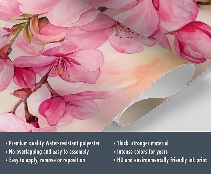 Watercolor Cherry Blossom Wall Mural, Japanese Cherry Blossom 3D Wall Murals, Simple Elegant Flowers Wallpaper Mural, for Living Room Bedroom Large Wallpaper Indoor Decor 169.3" W x118.2 H