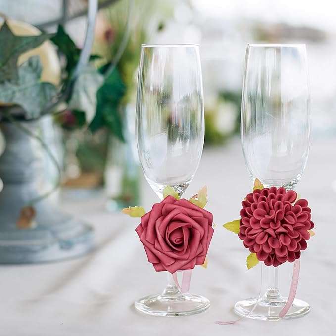Artificial Flowers, 100pcs Hot Pink Artificial Rose for DIY Wedding Bouquets Centerpieces Arrangements, Hot Pink Rose and Dahlia Flowers with Stems for Bridal Shower Party Home Decorations