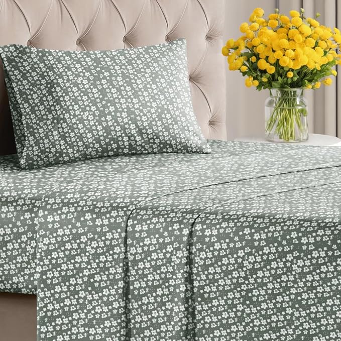 Floral Sheets - Green Floral Bed Sheet Set - 1 Flat, 1 Fitted & 1 Pillowcase w/ Deep Pockets - Comfy, Wrinkle & Fade Free - Boho Botanical Bedding - Ultra-Soft, Breathable and Cooling - Twin Size Set