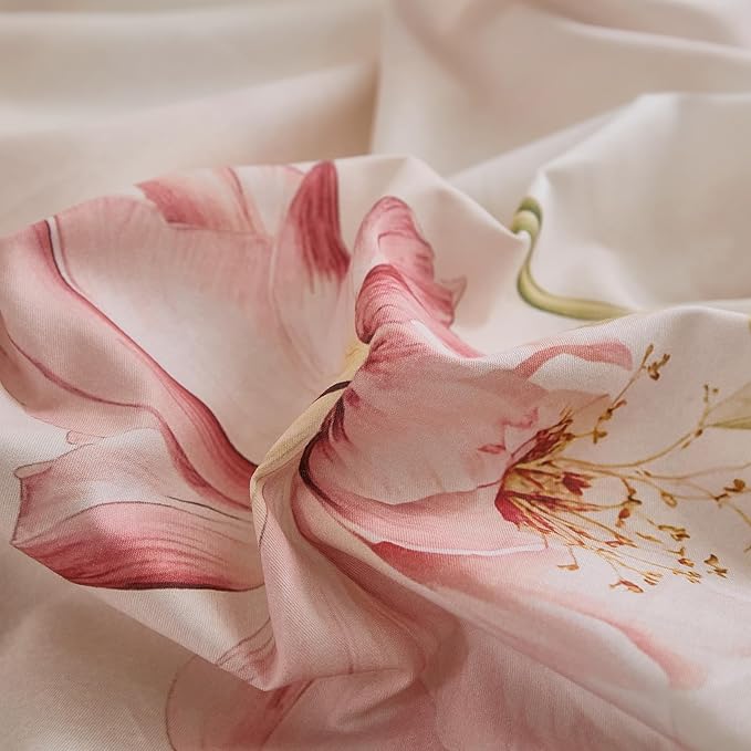 100% Cotton Duvet Cover King Size – Elegant Blush Lily Pink Floral Duvet Cover Set with Zipper Closure, 3-Piece Soft Breathable Natural Cotton Bedding Set for All Seasons