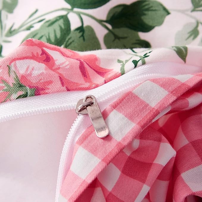 Rose Flower Duvet Cover Full Size Pink Floral Plaid Grid Duvet Cover 100% Microfiber Girls Flower Comforter Cover with Zipper Closure Vintage Country Bedding Botanical Floral Comforter Cover Full