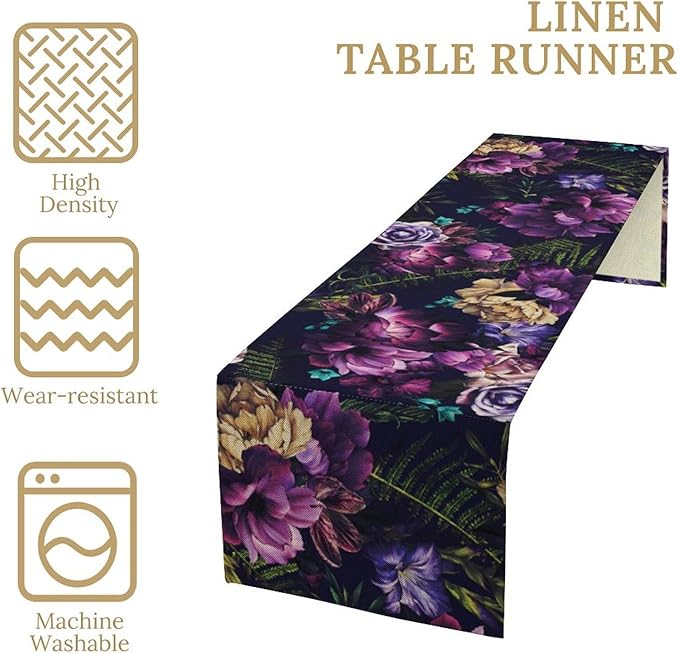 Gothic Flower Table Runner, Watercolor Vintage Dark Purple Floral Romantic Flower Blooming Table Runner for Home Kitchen Dining Table Decor, 13x120inch