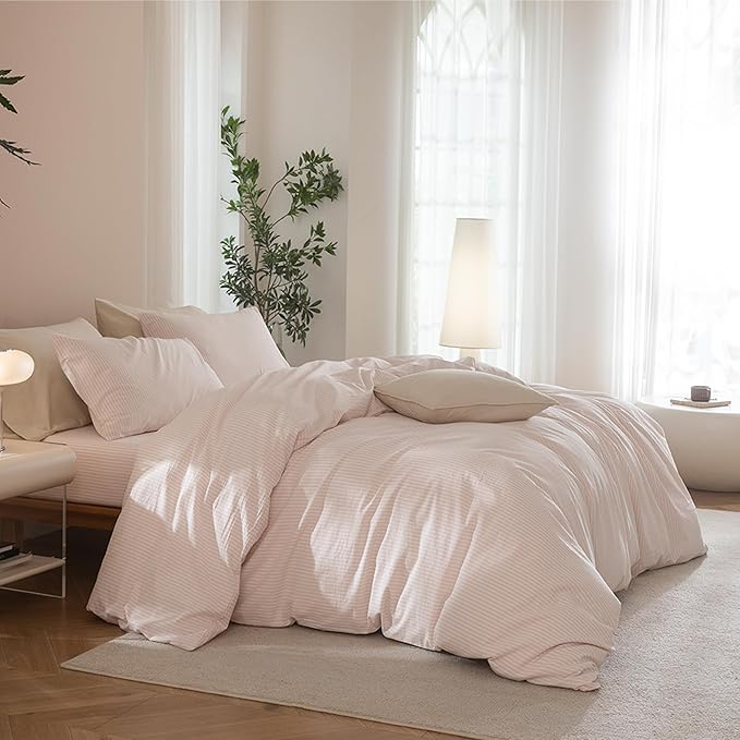 JIYUAN 100% Washed Cotton Striped Duvet Cover Set 3 Pieces King, 1 Duvet Cover and 2 Pillowcases(Comforter Not Included),Linen Like Comfy and Breathable,Pinstripes-Heathered Greyish Pink White