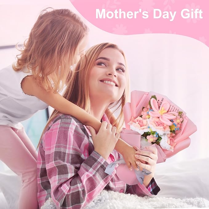 Foyucool Crochet Flowers Bouquet, Handmade Knitted Tulip Rose Bouquet with Gift Bag for Home Deocor, Crocheted Finished Flower for Wedding, Mother's Day, Teachers' Day and Valentine's Day, Pink