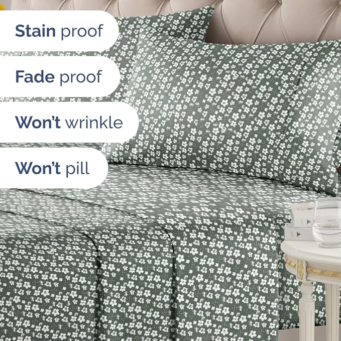 Floral Sheets - Green Floral Bed Sheet Set - 1 Flat, 1 Fitted & 2 Pillowcases w/ Deep Pockets - Comfy, Wrinkle & Fade Free - Boho Botanical Bedding - Ultra-Soft, Breathable & Cooling - Queen Size Set