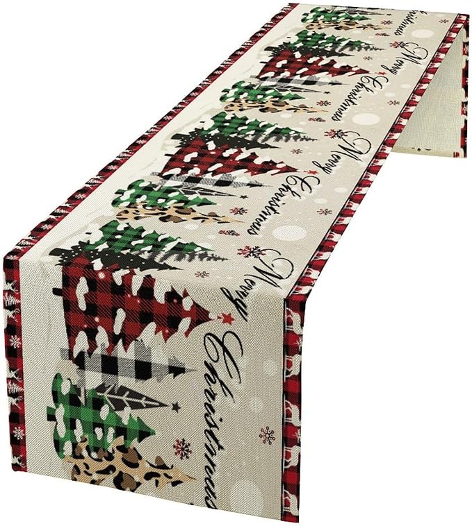 Christmas Tree Table Runner,Farmhouse Xmas Trees Buffalo Plaid Winter Snowflake Tablecloth Burlap for Hotel Indoors Outdoor Dining Room Kitchen Home Decor,W13X L108 in