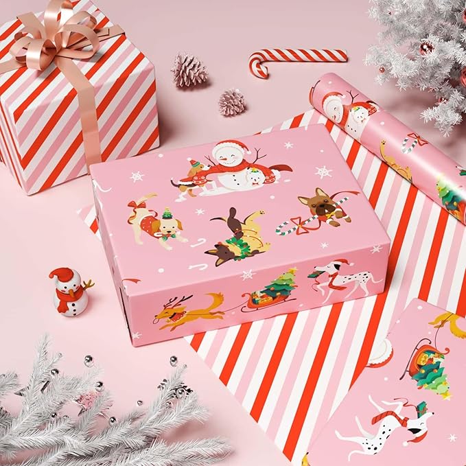 WERNNSAI Dog Christmas Wrapping Paper Roll - 1 Roll 17”x 33 ft Pink Dog Wrapping Paper Christmas for Kids Adults Reversible Red Candy Cane Stripe Gift Wrap for Xmas Winter Puppy Party Celebration
