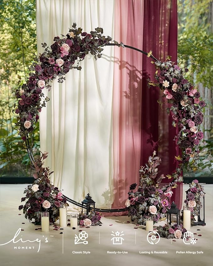 Ling's moment Wedding Arch Flowers with Sheer Drapes Kit - Artificial Deep Plum Floral Arrangements for Ceremony Backdrop, Arbor Decor, 5-Piece Set (2 Flower Stems + 3 Hanging Drapes)