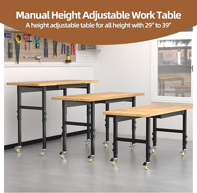 60" Adjustable Workbench with Wheels and Drawer, Rolling Work Bench Table with Power Outlet, Metal Tool Bench Work Bench for Garage, Large Load Capacity Garage Workbench for Workshop,Office,Home