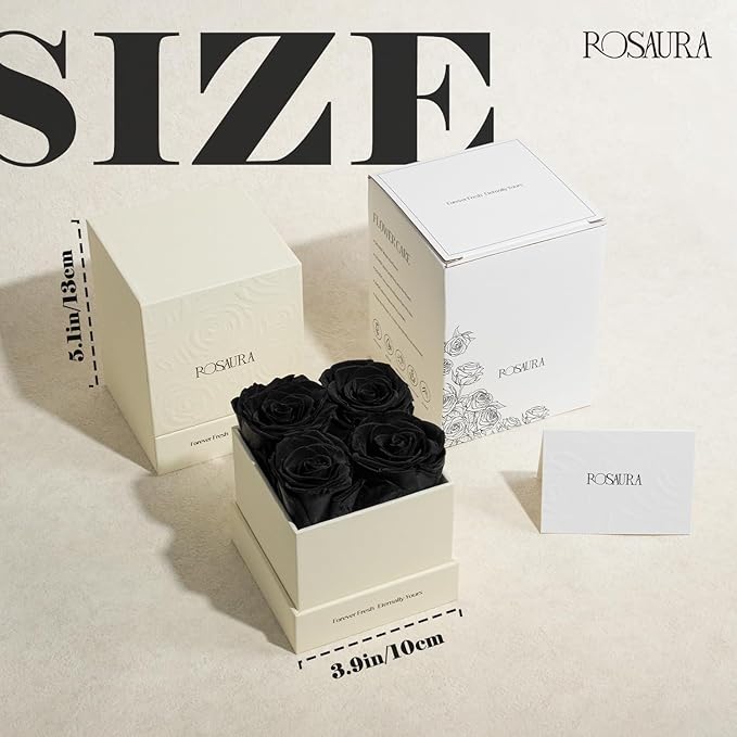 Rosaura 4-Piece Eternal Preserved Roses & Flowers Gift Box - Forever Lasting Real Roses, Preserved Flowers for Valentine's Day Black