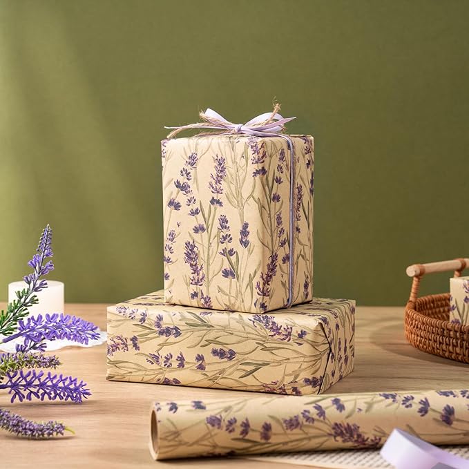 RUSPEPA Lavender Wrapping Paper Roll for Women, Delicate Floral Kraft Gift Wrap, Purple Lavender Design Perfect for Spring, Wedding, Mother's Day, Bridal Shower and Birthday, 17 Inches x 32,8 Feet