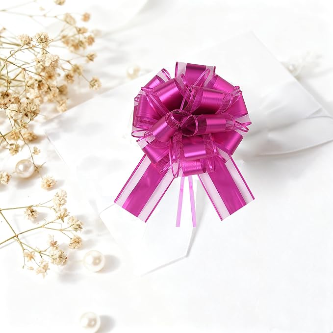 10-Pack Fuchsia Color Pull Bows for Gift Wrapping - 6 Inch Reusable Ribbon Bows, Large Instant Floral Decor Bows for Wedding, Christmas, Birthday Decor, Gift Basket & Party Decorations