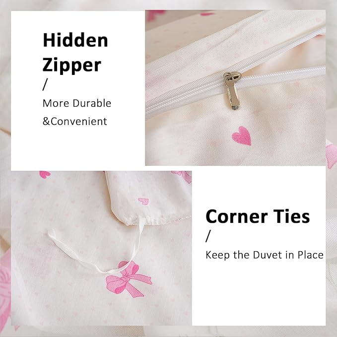 Pink Bow Duvet Cover Set Queen 100% Nature Cotton Duvet Cover 3 Pcs Girls Cute Comforter Cover with Zipper Closure Ultra Soft Breathable Bedding Set for All Seasons
