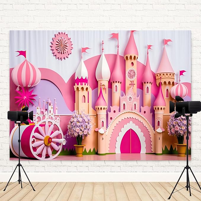 10x5ft Princess Castle Backdrop Pink Purple Floral Girl Birthday Photography Background Kids Birthdays Newborn Baby Shower Banner Decorations Wedding Party Portrait Photo Booth Prop