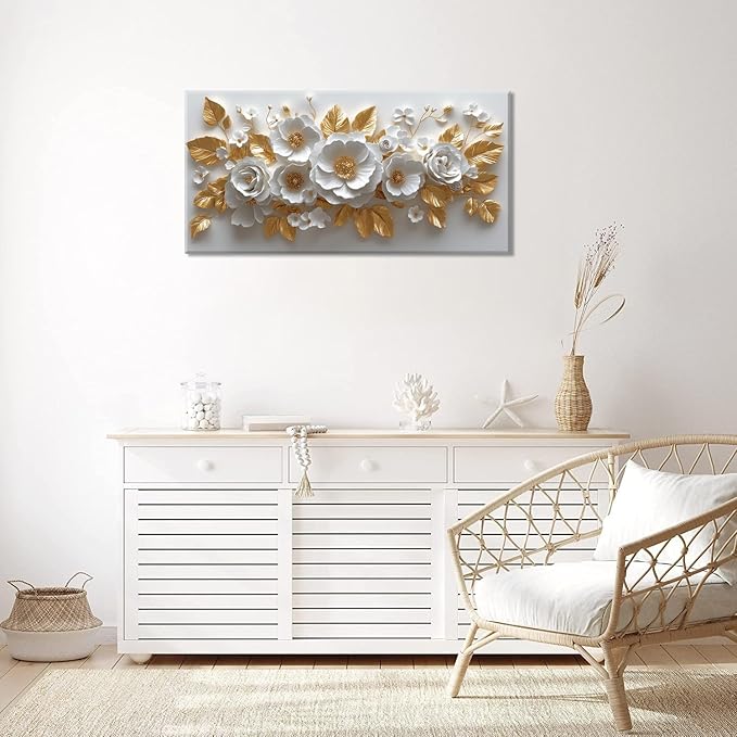 IDAFU Flower Wall Art White Foral and Golden Leaves Wall-décor White Wall Art Floral Painting Pictures for Living Room Bathroom Bedroom Kitchen Office Cuadros Decorativos Para Sala Decor 58L x28W
