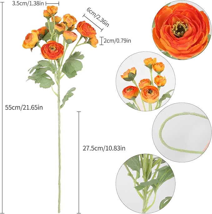 5PCS Ranunculus Artificial Flowers 60Heads Orange Faux Peonies with Stem Real Touch 21.65" Silk Ranunculus Fake Flowers for DIY Craft Wedding Floral Arrangements Home Table Decor(Orange)