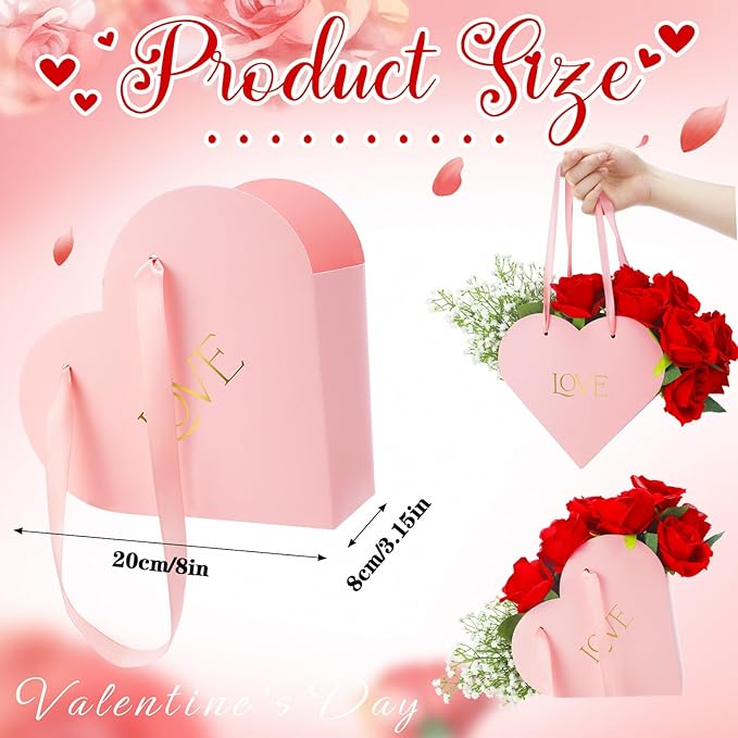 Kolldenn 12 Pcs Heart Shaped Flowers Boxes Christmas Bouquet Storage Bucket Valentine's Day Floral Boxes for Arrangements Paper Floral Bag with Handle Basket Handbag for Florist Bridal Shower(Pink)