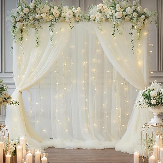 10x10ft Ivory Tulle Backdrop Curtain with Lights String for Parites, Sheer Backdrop Curtains for Wedding Baby Shower Birthday Party Photo Shoot Decorations