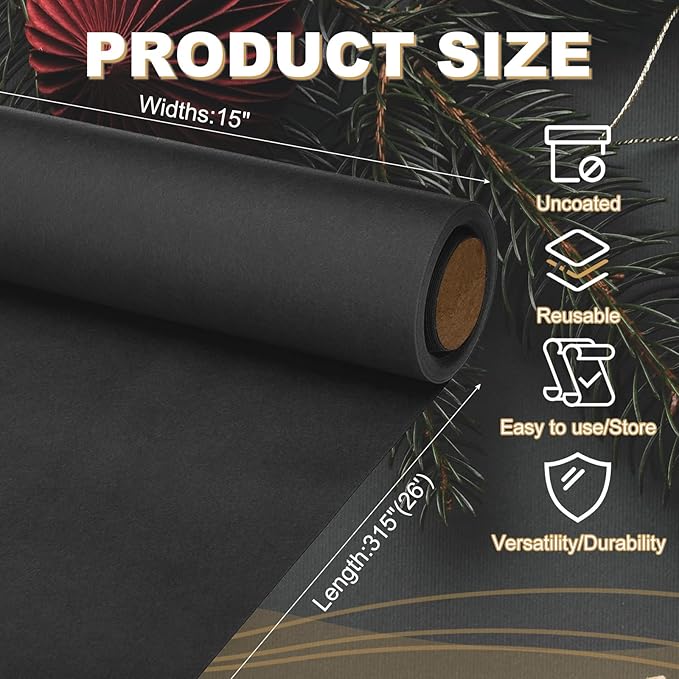 PATIKIL Wrapping Paper, 15"x315"(26') Bulletin Board Paper Roll Kraft Paper Roll Construction 80GSM for Shipping Packing Gift Wrapping Craft Flower Bouquet Christmas, Black