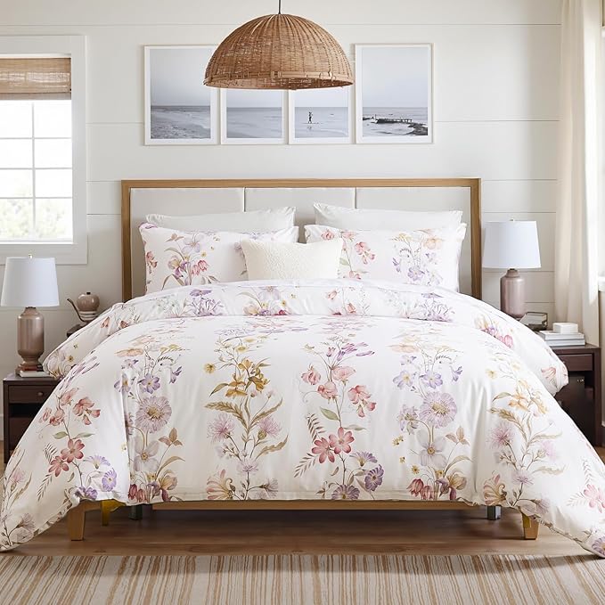 100% Cotton Duvet Cover Queen Size – Pastel Lavender Print Vintage Bedding Set with Zipper Closure, 3 Pieces Luxury & Silky Soft Comforter Cover for All Seasons