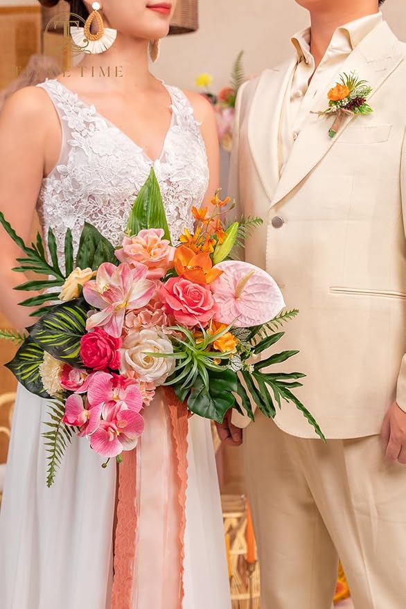 TINGE TIME 13 Inch Summer Wedding Bouquets for Bride, Bridal Bouquet for Bride, Artificial Silk Orchid for Graduation Bouquet, Fake Flowers for Wedding Ceremony and Anniversary (Tropical)