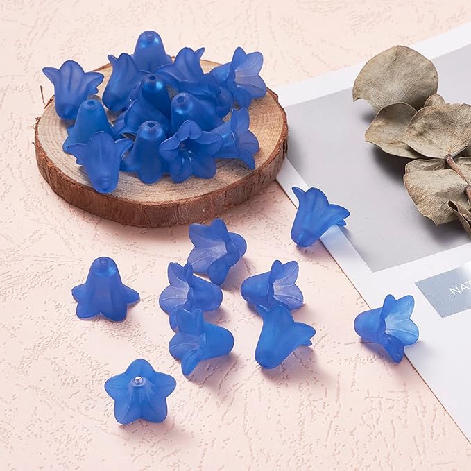 Crafans 50Pcs Blue Acrylic Flower Beads Frosted Floral Bead Caps Trumpet Flower Jewelry End Caps Loose Tulip Bell Spacer Bead Stopper for Crafts DIY Jewelry Making Supplies