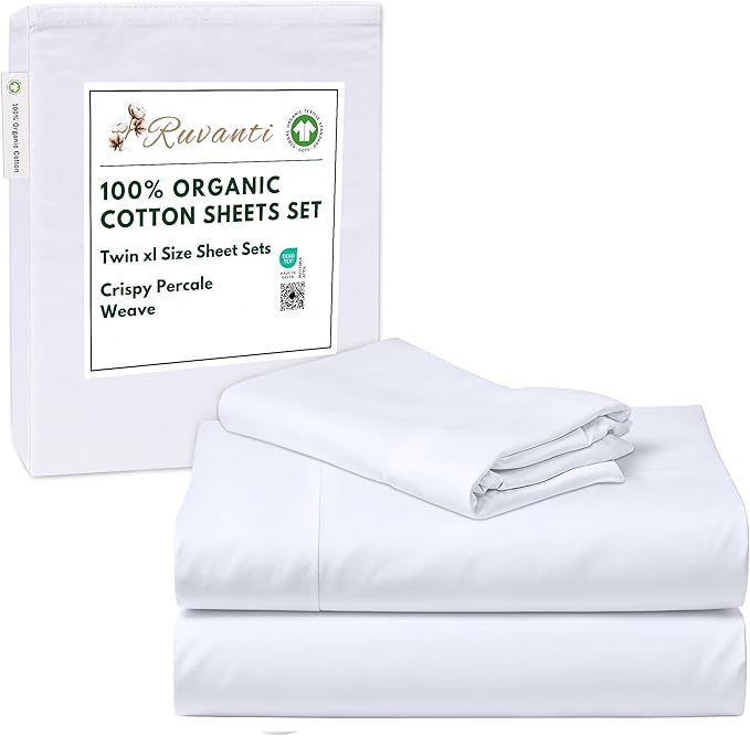 RUVANTI 100% Organic Cotton Sheets Twin XL, Percale Weave, GOTS Certified, 3-Piece Set, Deep Pocket 15", Crisp & Breathable, Soft Durable Bedding, Sábanas Algodón Orgánico – Bright White