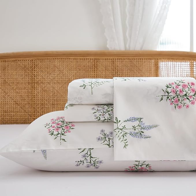 100% Cotton Sheet Set Queen Size – 4-Piece Chic Garden Floral White Bedding Set, Soft Breathable Percale Weave, Deep Pocket Fitted Sheet 17.5", Crisp Cool Feel, Refined Botanical Elegance