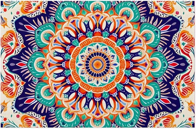 Ethnic Colorful Flower Mandala Placemats Set of 4 PVC Vinyl Non Slip Table Mats Waterproof Heat Resistant Place Mats Washable Wipeable Dining Table Mat for Kitchen Party Farmhouse Indoor Decorative