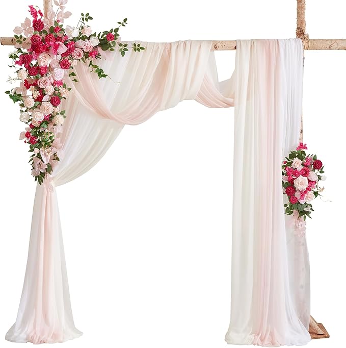 Ling's moment Deluxe Spring Pink Artificial Wedding Arch Flowers with Drapes Kit-Pack of 5, 2pcs Flower Arrangements 3pcs Hanging Sheer Drapes Ceremony Arbor Reception Backdrop Floral Decoration