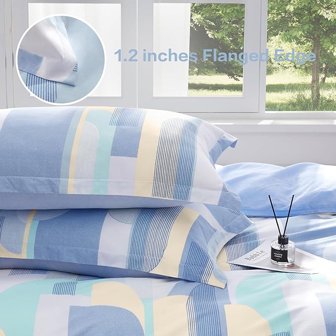 SAPHREAS Blue Geometric Pattern Duvet Cover Set 3pcs King Size 100% Cotton Colorful Blocks Bedding Comforter Cover Set 1 Duvet Cover 2 Pillow Cases