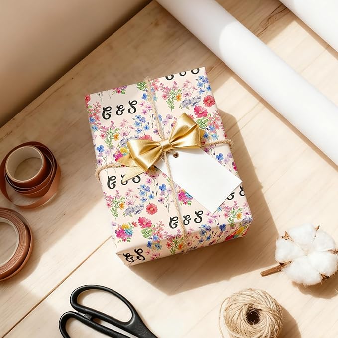 Fosteonix Custom Floral Initials Gift Wrapping Paper, Ideal for Couples Women Men, Personalized Funny Wrapping Paper for Christmas Birthday Wedding Party 58" x 23" Gift Wrap Roll
