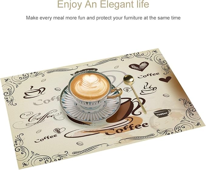 Coffee Kitchen Placemats Vintage Rustic Coffee Theme Latte Tea Cup Cappuccino Placemats Table Kitchen Dining Party 12x18 Inch Set of 6